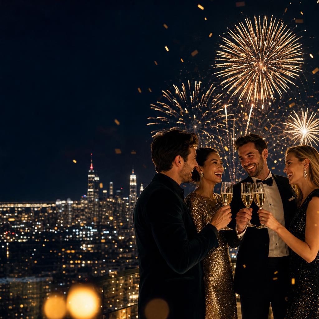 A rooftop New Year’s celebration with a champagne toast and golden fireworks over the city